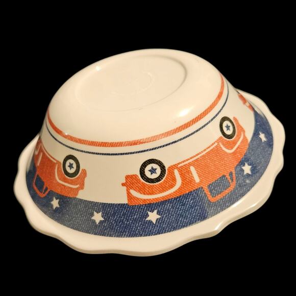 Vintage Melamine Kids Bowls Set of 4 Cars Stars Denim Blue Orange Scalloped Edge - Picture 1 of 6